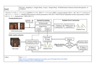 【46】
Hui Chen , Jiangdong Li , Fengjun Zhang , Yang Li , Hongan Wang, “3D Model-based Continuous Emotion Recognition“, in
CVPR2015.
時系列モデルを用いて，リアルタイムで感情推定する手法．感情のラベル付けされた画像から Facial Landmark を検出し，顔の 3D モデルを対応付ける
．3D モデルベースを用いて，連続感情表現(continuous emotion presentation; CEP)と個人の感情表現(user-independent emotion representation; UIEP)を
生成する．そして，RandomForest で感情を推定する．
Link(s) 論文ページ:
http://www.cv-foundation.org/openaccess/content_cvpr_2015/papers/Chen_3D_Model-
Based_Continuous_2015_CVPR_paper.pdf
 