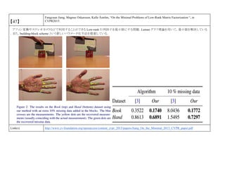 【47】
Fangyuan Jiang, Magnus Oskarsson, Kalle Åström, “On the Minimal Problems of Low-Rank Matrix Factorization “, in
CVPR2015.
アフィン変換やステレオカメラなどで利用することができる Low-rank 行列因子を最小限にする問題．Laman グラフ理論を用いて，最小限を解決している
．また，building-block scheme という新しいパラメータ化手法を提案している．
Link(s) http://www.cv-foundation.org/openaccess/content_cvpr_2015/papers/Jiang_On_the_Minimal_2015_CVPR_paper.pdf
 
