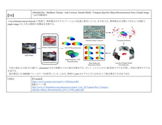 【54】
Abhishek Kar , Shubham Tulsiani , João Carreira, Jitendra Malik, “Category-Specific Object Reconstruction from a Single Image
”, in CVPR2015.
Convolutional neural network の登場で，物体検出やセグメンテーションは急速に進歩している．本手法では，物体検出が完璧にできるという前提で，
single image から 3 次元物体の再構成を実現する．
手法の流れは上図-右の通りで，annotation 付きの画像セットから視点を推定する．そして，シルエットから 3D 形状モデルを学習し，形状の変形モデルを
生成する．
視点推定には NRSfM フレームワークを使用している．これは，物体の joint をモデルに当てはめることで視点推定する手法である．
Link(s) 【Youtube】
https://www.youtube.com/watch?v=5XDwkazszRE
【論文ページ】
http://www.cv-foundation.org/openaccess/content_cvpr_2015/papers/Kar_Category-
Specific_Object_Reconstruction_2015_CVPR_paper.pdf
 