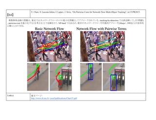 【64】
V. Chari, S. Lacoste-Julien, I. Laptev, J. Sivic, “On Pairwise Costs for Network Flow Multi-Object Tracking“, in CVPR2015.
複数物体追跡の問題は，最近ではネットワークフローのコスト最小化問題としてアプローチされている．tracking-by-detectino では誤追跡してしまう問題も
，pairwise-cost を最小化するとを考えることで追跡を行う．NP-hard ではあるが，既存のネットワークフローや代数的アプローチ[Ahuja+, 1993]により効率的
に解くことができる．
Link(s) 論文ページ:
http://www.di.ens.fr/~josef/publications/Chari15.pdf
 