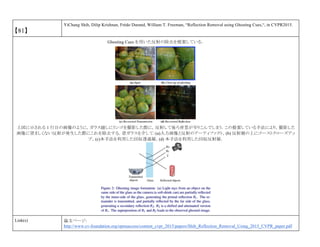 【81】
YiChang Shih, Dilip Krishnan, Frédo Durand, William T. Freeman, “Reflection Removal using Ghosting Cues,“, in CVPR2015.
Ghosting Cues を用いた反射の除去を提案している．
上図に示される 1 行目の画像のように，ガラス越しにリンゴを撮影した際に，反射して後ろ背景が写りこんでしまう．この提案している手法により，撮影した
画像に望ましくない反射が発生した際にこれを除去する．窓ガラスを介して：(a)入力画像と反射のアーティファクト，(b) 反射層の上にゴーストクローズアッ
プ，(c)本手法を利用した回収透過層，(d) 本手法を利用した回収反射層．
Link(s) 論文ページ:
http://www.cv-foundation.org/openaccess/content_cvpr_2015/papers/Shih_Reflection_Removal_Using_2015_CVPR_paper.pdf
 