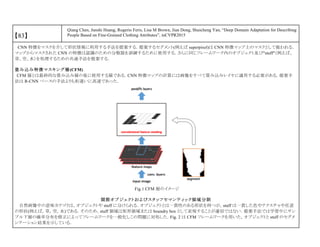 【83】
Qiang Chen, Junshi Huang, Rogerio Feris, Lisa M Brown, Jian Dong, Shuicheng Yan, “Deep Domain Adaptation for Describing
People Based on Fine-Grained Clothing Attributes”, inCVPR2015
CNN 特徴をマスクを介して形状情報に利用する手法を提案する．提案するセグメント(例えば superpixel)は CNN 特徴マップ上のマスクとして扱われる．
マップからマスクされた CNN の特徴は認識のための分類器を訓練するために使用する．さらに同じフレームワーク内のオブジェクト及び"stuff"（例えば、
草、空、水）を処理するための共通手法を提案する．
畳み込み特徴マスキング層(CFM)
CFM 層とは最終的な畳み込み層の後に使用する層である．CNN 特徴マップの計算には画像をすべて畳み込みレイヤに適用する必要がある．提案手
法は R-CNN ベースの手法よりも桁違いに高速であった．
Fig.1 CFM 層のイメージ
関節オブジェクトおよびスタッフセマンティック領域分割
自然画像中の意味カテゴリは，オブジェクトや stuff に分けられる．オブジェクトとは一貫性のある形状を持つが，stuff は一貫した色やテクスチャや任意
の形状(例えば，草，空，水)である．そのため，stuff 領域は矩形領域または boundry box として表現することが適切ではない．提案手法では学習中にサン
プル下層の確率分布を修正によってフレームワークを一般化しこの問題に対処した．Fig. 2 は CFM フレームワークを用いた，オブジェクトと stuff のセグメ
ンテーション結果を示している．
 