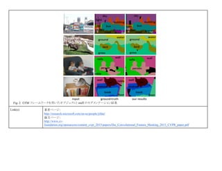 Fig. 2 CFM フレームワークを用いたオブジェクトと stuff のセグメンテーション結果
Link(s) 著者ページ：
http://research.microsoft.com/en-us/people/jifdai/
論文ページ：
http://www.cv-
foundation.org/openaccess/content_cvpr_2015/papers/Dai_Convolutional_Feature_Masking_2015_CVPR_paper.pdf
 