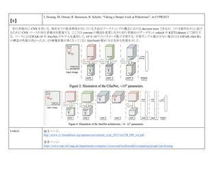 【8】
J. Hosang, M. Omran, R. Benenson, B. Schiele, “Taking a Deeper Look at Pedestrians”, in CVPR2015.
歩行者検出に CNN を用いる．現在までの最高精度を出している手法はブースティングの概念における decision trees であるが，この可能性をさらに拡げ
るために CNN ベースの歩行者検出を提案する．ここでは convnet の構造を変更しながら歩行者検出のデータセット caltech や KITTI dataset にて試行す
る．ベースには CIFAR-10 や AlexNet のモデルを適用して，10^5~10^7 のパラメータ数で学習する．学習サンプル数が少ない場合には CIFAR-10(4 層)
の構造が性能が高かったが，より画像枚数が多くなってくると AlexNet(8 層)の方が良好な性能を示した．
Link(s) 論文ページ:
http://www.cv-foundation.org/openaccess/content_cvpr_2015/ext/2B_080_ext.pdf
著者ページ：
https://www.mpi-inf.mpg.de/departments/computer-vision-and-multimodal-computing/people/jan-hosang/
 