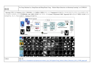 【93】
Na Tong, Huchuan Lu, Xiang Ruan and Ming-Hsuan Yang, “Salient Object Detection via Bootstrap Learning“, in CVPR2015.
Boostrap 学習による Saliency を用いた物体検出．入力画像から複数のスケールで Superpixel を生成する．その中でポジティブサンプルとネガティブサ
ンプルをラベル付けし，3 つの特徴(RGB，Lab，LBP)と SVM の 4 つのカーネル(Linear，Polynomial，RBF，Sigmoid)の組み合わせで複数の SVM モデル
を生成する．そして，それらを統合し，Saliency を生成する．
Link(s) 【論文】
http://www.cv-foundation.org/openaccess/content_cvpr_2015/papers/Tong_Salient_Object_Detection_2015_CVPR_paper.pdf
 
