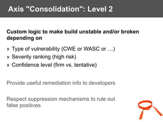Axis "Consolidation": Level 2
Custom logic to make build unstable and/or broken
depending on
» Type of vulnerability (CWE or WASC or …)
» Severity ranking (high risk)
» Confidence level (firm vs. tentative)
 
Provide useful remediation info to developers
Respect suppression mechanisms to rule out  
false positives
 