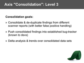 Axis "Consolidation": Level 3
Consolidation goals:
» Consolidate & de-duplicate findings from different  
scanner reports (with better false positive handling)
» Push consolidated findings into established bug-tracker  
(known to devs)
» Delta analysis & trends over consolidated data sets
 