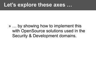 Let’s explore these axes …
» … by showing how to implement this
with OpenSource solutions used in the  
Security & Development domains.
 