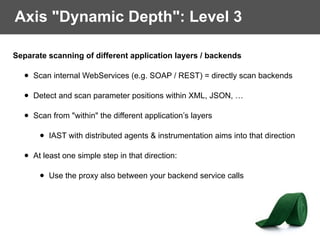 Axis "Dynamic Depth": Level 3
Separate scanning of different application layers / backends
• Scan internal WebServices (e.g. SOAP / REST) = directly scan backends
• Detect and scan parameter positions within XML, JSON, …
• Scan from "within" the different application’s layers
• IAST with distributed agents & instrumentation aims into that direction
• At least one simple step in that direction:
• Use the proxy also between your backend service calls
 