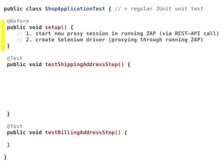 public class ShopApplicationTest { // = regular JUnit unit test
@Before 
public void setup() {
// 1. start new proxy session in running ZAP (via REST-API call)
// 2. create Selenium driver (proxying through running ZAP)
}
@Test 
public void testShippingAddressStep() {
 
}
@Test 
public void testBillingAddressStep() {
}
}
 