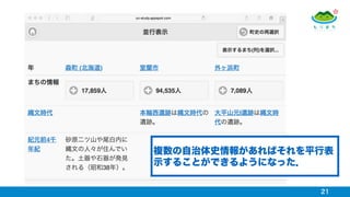 21
複数の自治体史情報があればそれを平行表
示することができるようになった．
 
