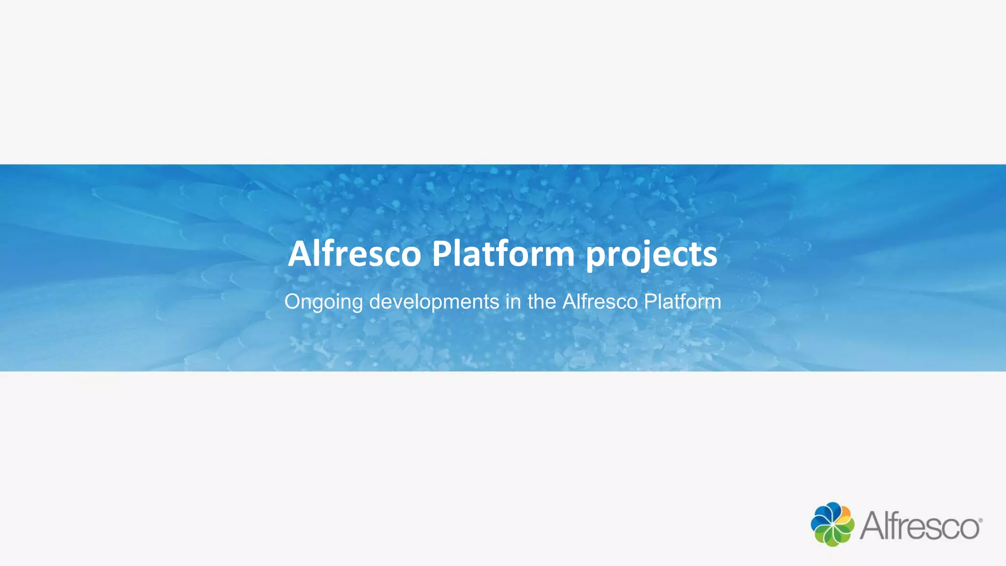Alfresco Platform projects
Ongoing developments in the Alfresco Platform
 
