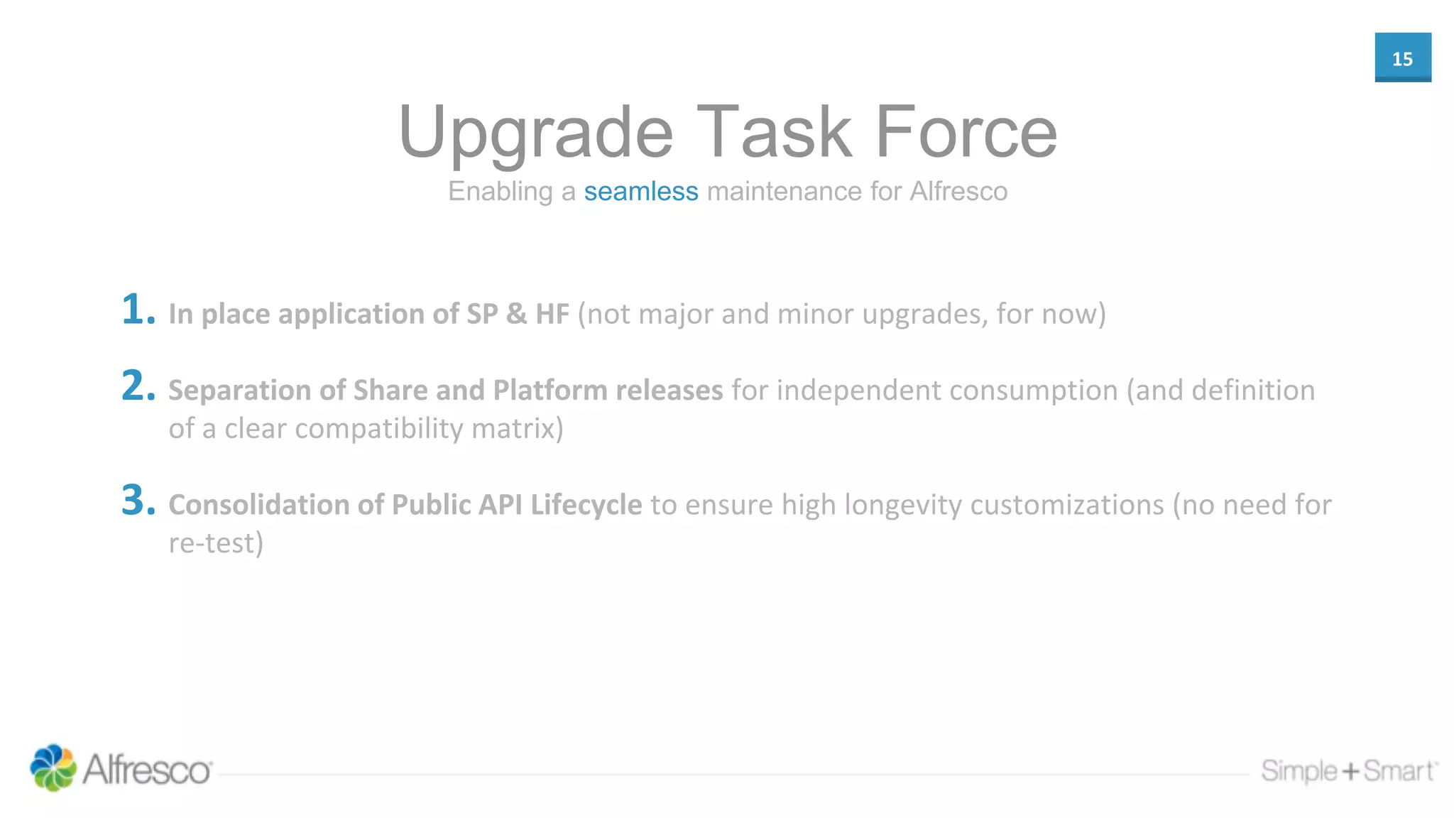 15
Enabling a seamless maintenance for Alfresco
Upgrade Task Force
1. In place application of SP & HF (not major and minor upgrades, for now)
2. Separation of Share and Platform releases for independent consumption (and definition
of a clear compatibility matrix)
3. Consolidation of Public API Lifecycle to ensure high longevity customizations (no need for
re-test)
 