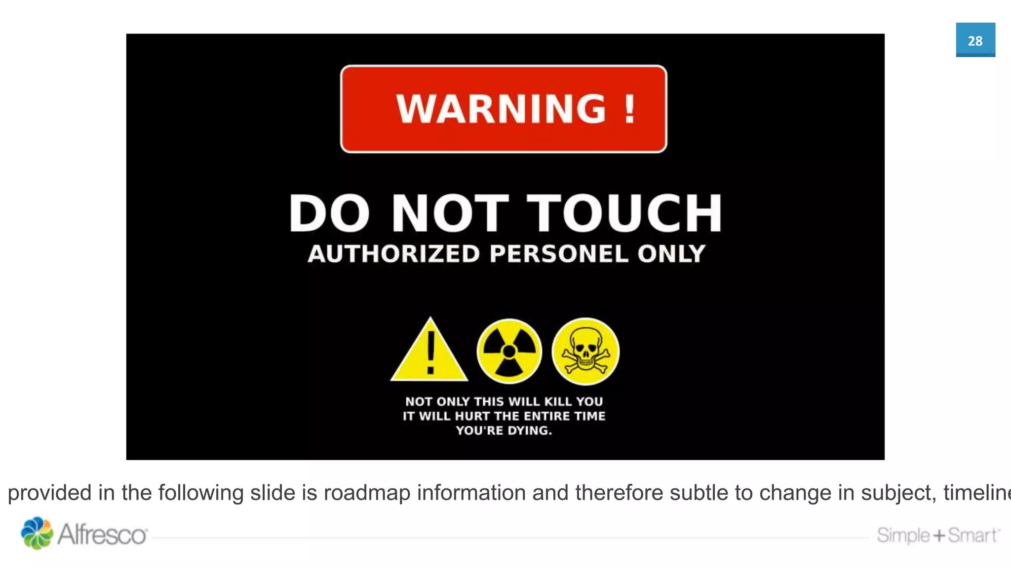 28
n provided in the following slide is roadmap information and therefore subtle to change in subject, timeline
 