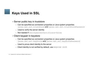Copyright © 2014, Oracle and/or its affiliates. All rights reserved.25
	
Keys Used in SSL
§  Server public key in truststore
–  Can be specified as connection properties or Java system properties
javax.net.ssl.trustStore and javax.net.ssl.trustStorePassword
–  Used to verify the server identity
–  Not needed if verifyServerCertificate=false
§  Client keypair in keystore
–  Can be specified as connection properties or Java system properties
javax.net.ssl.keyStore and javax.net.ssl.keyStorePassword
–  Used to prove client identity to the server
–  Client identity is not verified by default, use REQUIRE X509
 