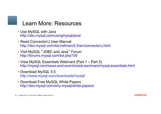 Copyright © 2014, Oracle and/or its affiliates. All rights reserved.62
• Use MySQL with Java
http://dev.mysql.com/usingmysql/java/
• Read Connector/J User Manual
http://dev.mysql.com/doc/refman/5.5/en/connector-j.html
• Visit MySQL “JDBC and Java” Forum
http://forums.mysql.com/list.php?39
• View MySQL Essentials Webinars (Part 1 – Part 5)
http://mysql.com/news-and-events/web-seminars/mysql-essentials.html
• Download MySQL 5.5
http://www.mysql.com/downloads/mysql/
• Download Free MySQL White Papers
http://dev.mysql.com/why-mysql/white-papers/
Learn More: Resources
 