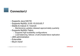 Copyright © 2014, Oracle and/or its affiliates. All rights reserved.3
Connector/J	
§  Supports Java 5/6/7/8
§  Supports MySQL 5.0/5.1/5.5/5.6/5.7
§  Stable & mature 5.1 branch
–  Maintenance updates released approximately quarterly
§  Supports MySQL Fabric
–  Supports high-availability configurations
–  Load-balancing, failover, (multi-)master/slave replication
§  JMX-administration
§  Extensible
§  Much more!
 