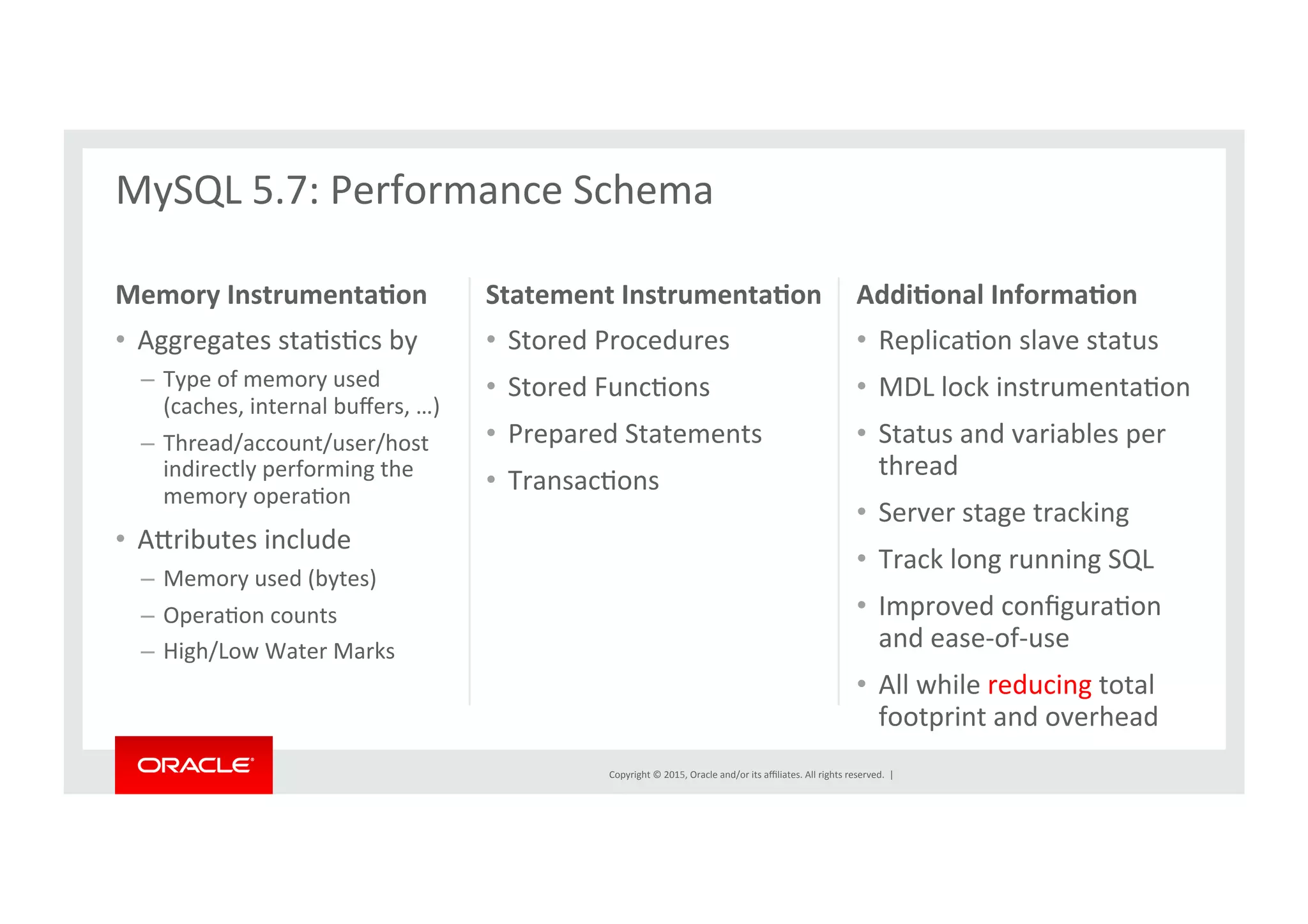Copyright	
  ©	
  2015,	
  Oracle	
  and/or	
  its	
  aﬃliates.	
  All	
  rights	
  reserved.	
  	
  |	
  
Memory	
  InstrumentaDon	
  
•  Aggregates	
  staNsNcs	
  by	
  
–  Type	
  of	
  memory	
  used	
  
(caches,	
  internal	
  buﬀers,	
  …)	
  
–  Thread/account/user/host	
  
indirectly	
  performing	
  the	
  
memory	
  operaNon	
  	
  
•  Arributes	
  include	
  	
  
–  Memory	
  used	
  (bytes)	
  
–  OperaNon	
  counts	
  
–  High/Low	
  Water	
  Marks	
  	
  
Statement	
  InstrumentaDon	
  
•  Stored	
  Procedures	
  	
  
•  Stored	
  FuncNons	
  
•  Prepared	
  Statements	
  
•  TransacNons	
  
AddiDonal	
  InformaDon	
  
•  ReplicaNon	
  slave	
  status	
  
•  MDL	
  lock	
  instrumentaNon	
  
•  Status	
  and	
  variables	
  per	
  
thread	
  
•  Server	
  stage	
  tracking	
  
•  Track	
  long	
  running	
  SQL	
  
•  Improved	
  conﬁguraNon	
  
and	
  ease-­‐of-­‐use	
  
•  All	
  while	
  reducing	
  total	
  
footprint	
  and	
  overhead	
  	
  
	
  
MySQL	
  5.7:	
  Performance	
  Schema	
  
	
  
 