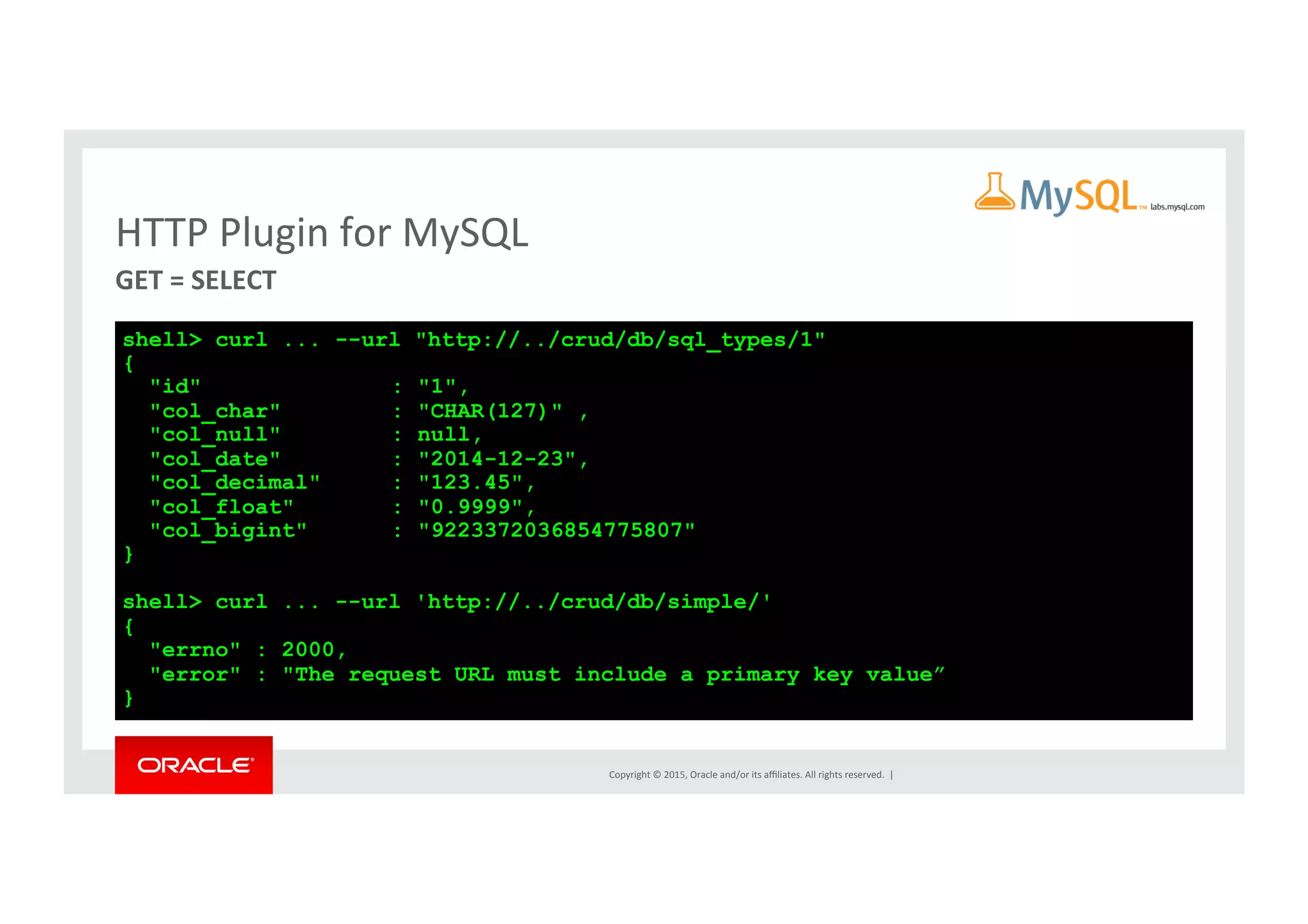 Copyright	
  ©	
  2015,	
  Oracle	
  and/or	
  its	
  aﬃliates.	
  All	
  rights	
  reserved.	
  	
  |	
  
HTTP	
  Plugin	
  for	
  MySQL	
GET	
  =	
  SELECT	
  
shell> curl ... --url "http://../crud/db/sql_types/1"
{
"id" : "1",
"col_char" : "CHAR(127)" ,
"col_null" : null,
"col_date" : "2014-12-23",
"col_decimal" : "123.45",
"col_float" : "0.9999",
"col_bigint" : "9223372036854775807"
}
shell> curl ... --url 'http://../crud/db/simple/'
{
"errno" : 2000,
"error" : "The request URL must include a primary key value”
}
 