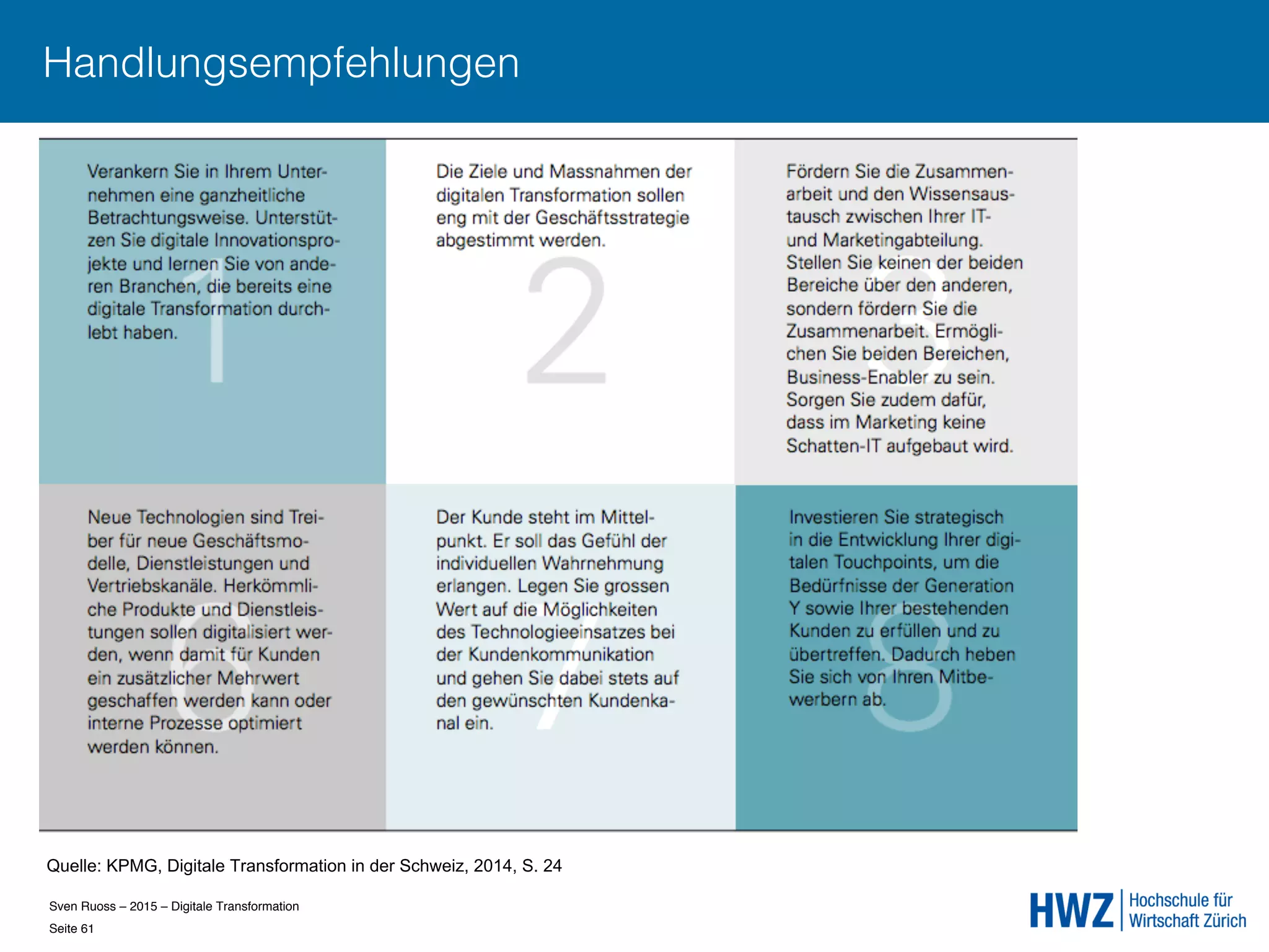 Sven Ruoss – 2015 – Digitale Transformation  
Seite 61!
Handlungsempfehlungen
Quelle: KPMG, Digitale Transformation in der Schweiz, 2014, S. 24
 