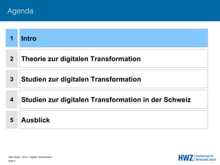 Sven Ruoss – 2015 – Digitale Transformation  
Seite 3!
Agenda
1
2
4
5
Intro
Theorie zur digitalen Transformation
Studien zur digitalen Transformation in der Schweiz
Ausblick
3 Studien zur digitalen Transformation
 
