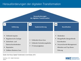 Sven Ruoss – 2015 – Digitale Transformation  
Seite 33!
Herausforderungen der digitalen Transformation
Quelle: Sven Ruoss, Digitale Transformation in der Schweiz, 2015
 