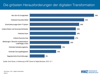 Sven Ruoss – 2015 – Digitale Transformation  
Seite 40!
Die grössten Herausforderungen der digitalen Transformation
Quelle: Sven Ruoss, in Anlehnung an MIT Center for Digital Business, 2013, S. 7
 