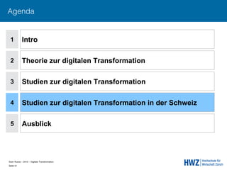 Sven Ruoss – 2015 – Digitale Transformation  
Seite 41!
Agenda
1
2
4
5
Intro
Theorie zur digitalen Transformation
Studien zur digitalen Transformation in der Schweiz
Ausblick
3 Studien zur digitalen Transformation
 