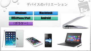 デバイスのバリエーション
11
Windows Macintosh
iOS(iPhone/iPad) Android
（ガラケー）
 