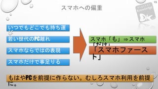 スマホへの偏重
いつでもどこでも持ち運
び
15
スマホならではの表現
スマホ「も」 ⇒ スマホ
「だけ」
もはやPCを前提に作らない。むしろスマホ利用を前提
に。
若い世代のPC離れ
スマホだけで事足りる
「スマホファース
ト」
 