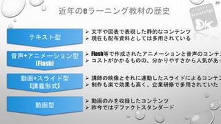 近年のeラーニング教材の歴史
20
テキスト型
音声+アニメーション型
(Flash)
動画+スライド型
(講義形式)
動画型
 文字や図表で表現した静的なコンテンツ
 現在も配布資料としては多用されている
 Flash等で作成されたアニメーションと音声のコンテン
 コストがかかるものの、分かりやすさから人気があっ
 講師の映像とそれに連動したスライドによるコンテン
 制作も楽で効果も高く、企業研修で多用されていた
 動画のみを収録したコンテンツ
 昨今ではデファクトスタンダード
 