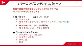 5
知識や理論を習得するインプット型コンテンツは
以下のようなものがあります。
■ 電子教材■
 テキスト文
 テキスト電子 ( PDF) ／ マニュアル電子 　★マニュアルの電子
化
 PowerPoi nt スライドの電子化
 電子書籍 ( ePub) ／電子教科書　
■e ラーニングコンテンツ■
 アニメーション ( Fl ash)
 スライド＋動画　
 ゲーム型
 動画　
e ラーニングコンテンツのパターン
広義の e ラーニング
 