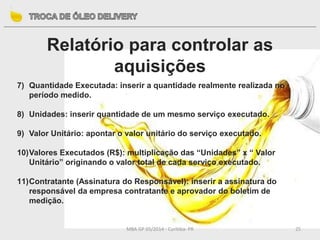 MBA GP 05/2014 - Curitiba- PR 25
Relatório para controlar as
aquisições
7) Quantidade Executada: inserir a quantidade realmente realizada no
período medido.
8) Unidades: inserir quantidade de um mesmo serviço executado.
9) Valor Unitário: apontar o valor unitário do serviço executado.
10)Valores Executados (R$): multiplicação das “Unidades” x “ Valor
Unitário” originando o valor total de cada serviço executado.
11)Contratante (Assinatura do Responsável): inserir a assinatura do
responsável da empresa contratante e aprovador do boletim de
medição.
 