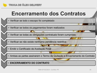 MBA GP 05/2014 - Curitiba- PR 28
Encerramento dos Contratos
• Verificar se todo o escopo foi completado
• Verificar se todos os pagamentos foram realizados
• Verificar se todas as obrigações contratuais foram cumpridas
• Verificar se não existe nenhuma pendência restritiva
• Emitir o Certificado de Aceitação Final
• Ambas as partes assinarem o Termo de Quitação e Encerramento do Contrato
• ENCERRAMENTO DO CONTRATO
 