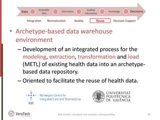 • Archetype-based data warehouse
environment
– Development of an integrated process for the
modeling, extraction, transformation and load
(METL) of existing health data into an archetype-
based data repository.
– Oriented to facilitate the reuse of health data.
EHR models, standards and semantic interoperability 36
Reuse
 