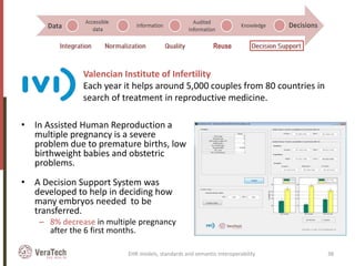 • In Assisted Human Reproduction a
multiple pregnancy is a severe
problem due to premature births, low
birthweight babies and obstetric
problems.
• A Decision Support System was
developed to help in deciding how
many embryos needed to be
transferred.
– 8% decrease in multiple pregnancy
after the 6 first months.
Valencian Institute of Infertility
Each year it helps around 5,000 couples from 80 countries in
search of treatment in reproductive medicine.
EHR models, standards and semantic interoperability 38
Reuse
 