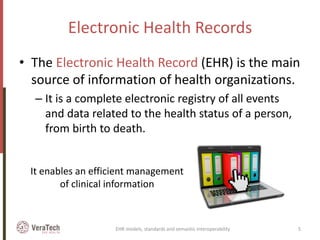 Electronic Health Records
• The Electronic Health Record (EHR) is the main
source of information of health organizations.
– It is a complete electronic registry of all events
and data related to the health status of a person,
from birth to death.
It enables an efficient management
of clinical information
EHR models, standards and semantic interoperability 5
 
