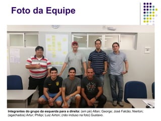 Foto da Equipe
Integrantes do grupo da esquerda para a direita: (em pé) Allan; George; José Falcão; Nierton;
(agachados) Artur; Philipi; Luiz Airton; (não incluso na foto) Gustavo.
 