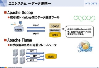 27Copyright © 2015 NTT DATA Corporation
Apache Sqoop
RDBMS-Hadoop間のデータ連携ツール
Apache Flume
ログ収集のための分散フレームワーク
エコシステム ～データ連携～
MapReduce
Sqoop
RDBMS
HDFS
import
export
内部的にはMapReduceが動
作。並列でRDBとテーブルの
情報をやりとりする。
HDFS
ログ
ログ
ログ
 