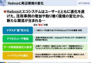 30Copyright © 2015 NTT DATA Corporation
Hadoopとエコシステムはユーザーとともに進化を遂
げた。活用事例の増加や取り巻く環境の変化から、
新たな潮流が生まれる…
Hadoopと周辺環境の変化
•一部のユーザは数千台クラスのHadoopクラスタを構築・利用クラスタ”超”巨大化
•企業の利用拡大に伴い、Hadoopにアクセスしてデータ分析をする
利用者が増えたアクセスユーザ増加
•大量データ活用が一般的になるにつれて、「速報値を知りたい」
「もっとインタラクティブに分析したい」といった要求が生まれるデータ処理高速化の追求
•Hadoop黎明期はサーバあたりのメモリ4～8Gが一般的だったが、
現在は100GB以上のメモリを積んだサーバも普及。ハードウェアの進化
主な”変化”の例
 