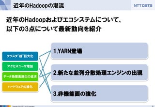 31Copyright © 2015 NTT DATA Corporation
近年のHadoopおよびエコシステムについて、
以下の3点について最新動向を紹介
近年のHadoopの潮流
クラスタ”超”巨大化
アクセスユーザ増加
データ処理高速化の追求
ハードウェアの進化
1.YARN登場
2.新たな並列分散処理エンジンの出現
3.非機能面の強化
 