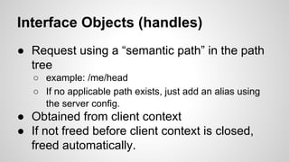 Interface Objects (handles)
● Request using a “semantic path” in the path
tree
○ example: /me/head
○ If no applicable path exists, just add an alias using
the server config.
● Obtained from client context
● If not freed before client context is closed,
freed automatically.
 