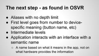 The next step - as found in OSVR
● Aliases with no depth limit
● First level goes from number to device-
specific meaning (button name, etc)
● Intermediate levels
● Application interacts with an interface with a
semantic name
○ A name based on what it means in the app, not on
what hardware provides the information
 