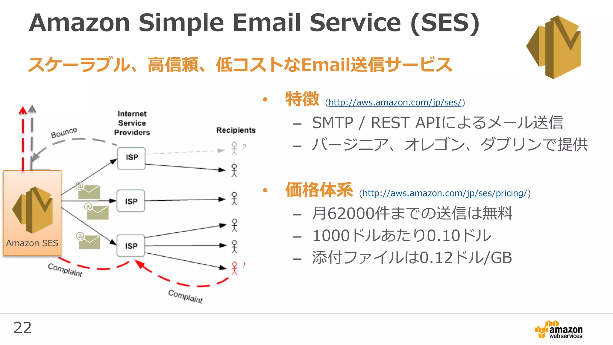 22
Amazon Simple Email Service (SES)
• 特徴 (http://aws.amazon.com/jp/ses/)
– SMTP / REST APIによるメール送信
– バージニア、オレゴン、ダブリンで提供
• 価格体系 (http://aws.amazon.com/jp/ses/pricing/)
– 月62000件までの送信は無料
– 1000ドルあたり0.10ドル
– 添付ファイルは0.12ドル/GB
スケーラブル、高信頼、低コストなEmail送信サービス
Amazon SES
 