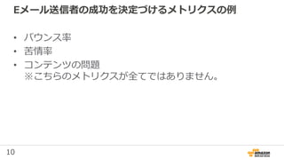 10
Eメール送信者の成功を決定づけるメトリクスの例
• バウンス率
• 苦情率
• コンテンツの問題
※こちらのメトリクスが全てではありません。
 