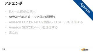 18
アジェンダ
• Eメール送信の基本
• AWSからのEメール送信の選択肢
• Amazon EC2上にMTAを構築してEメールを送信する
• Amazon SESでEメールを送信する
• まとめ
 