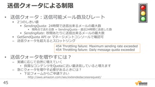 45
送信クォータによる制限
• 送信クォータ：送信可能メール数及びレート
 2つのしきい値
 SendingQuota: 24時間で送信出来るメールの最⼤数
 現時点で送れる数 = SendingQuota - 直近24時間に送信した数
 SendingRate: 秒間あたりに送信出来るメールの最⼤数
 GetSendQuota API or マネージメントコンソールで確認可
– 送信クォータを超えるとスロットリング
• 送信クォータを増やすには？
– 実績に応じて自然に増えていく
• 良質なコンテンツをQuotaに近い量送信していると増えます
– 急にクォータを増やす必要があるときには？
• 下記フォームからご申請下さい
http://aws.amazon.com/ses/extendedaccessrequest/
454 Throttling failure: Maximum sending rate exceeded
454 Throttling failure: Daily message quota exceeded
 