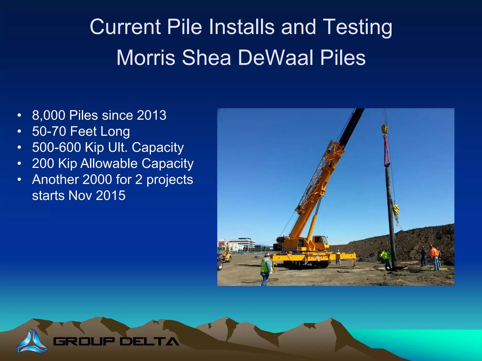 Current Pile Installs and Testing
Morris Shea DeWaal Piles
• 8,000 Piles since 2013
• 50-70 Feet Long
• 500-600 Kip Ult. Capacity
• 200 Kip Allowable Capacity
• Another 2000 for 2 projects
starts Nov 2015
 