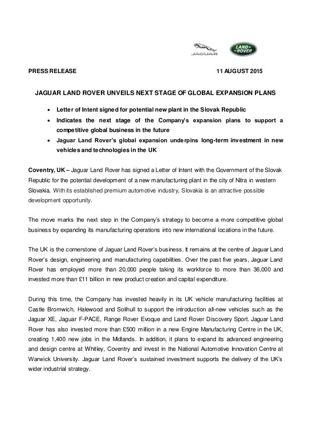 Jaguar Land Rover Slovakia plant announcement - Press Release