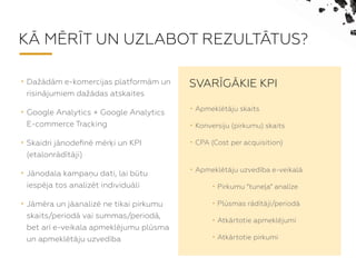 K? M?R?T UN UZLABOT REZULT?TUS?
? Da?dm e-komerc?as platformm un
risinjumiem da?das atskaites
? Google Analytics + Google Analytics
E-commerce Tracking
? Skaidri jnode?n mr?i un KPI
(etalonrdtji)
? Jnodala kampa?u dati, lai btu
iespja tos analizt individuli
? Jmra un janaliz ne tikai pirkumu
skaits/period vai summas/period,
bet ar e-veikala apmekljumu plsma
un apmekltju uzvedba
SVAR?G?KIE KPI
? Apmekltju skaits
? Konvers?u (pirkumu) skaits
? CPA (Cost per acquisition)?
? Apmekltju uzvedba e-veikal
? Pirkumu tune?a analze
? Plsmas rdtji/period
? Atkrtotie apmekljumi
? Atkrtotie pirkumi
 